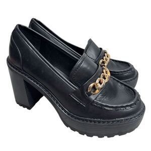 New York & Company Heeled Loafers Size 10 Black Block Heel Retro Rubber Platform